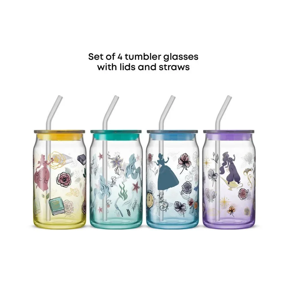 Disney Princess Glass Tumbler Set Drinking Cups with‎ Lids and Straws 4pc